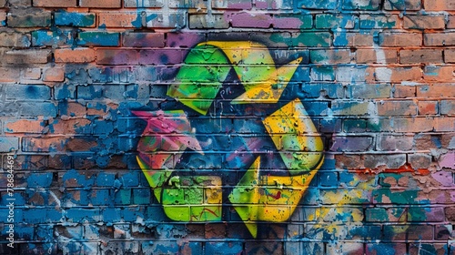 Graffiti of a recycle symbol on a brick wall street style photo