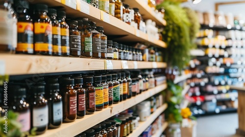 Health store shelves with natural supplements warm glow