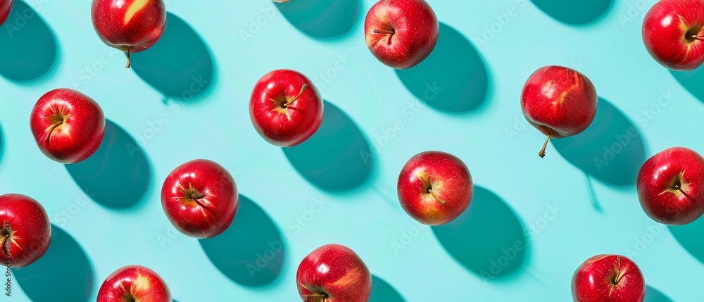 Pattern of red apples on teal aerial view Pattern of red apples on teal aerial view