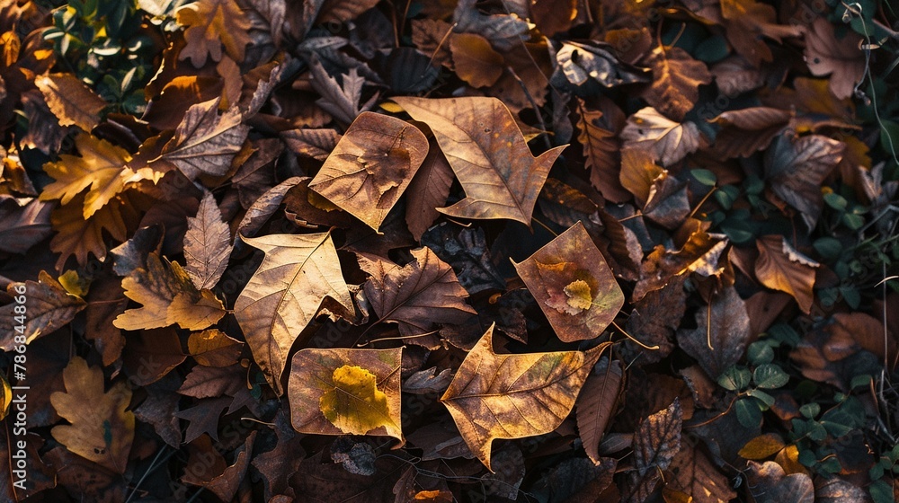 Recycle symbol made of autumn leaves on forest floor soft morning light