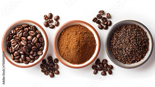 Flat lay of Roasted Coffee beans and different types of grinds coffee isolated