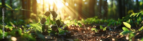 Recycling symbol in forest sunbeams photo