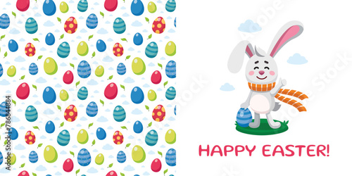 Postcard template with Easter rabbit holding Ester egg showing thumbs up. Vector illustration of bunny and seamless pattern with Easter eggs. Happy Easter concept. Cartoon style
