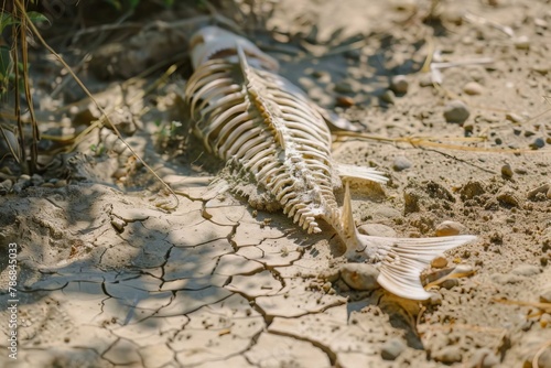 Close-up of a dry, cracked riverbed with a lone fish skeleton, highlighting the environmental devastation of the drought © Wan