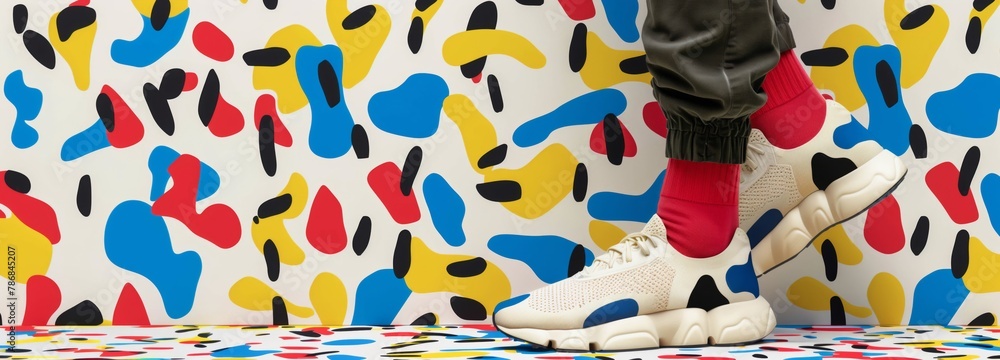 Close-up of modern sneakers against a colorful, abstract-patterned backdrop.