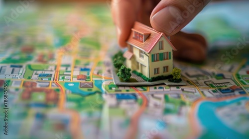 A hand placing a miniature house model on a map, indicating location-based real estate investment. 