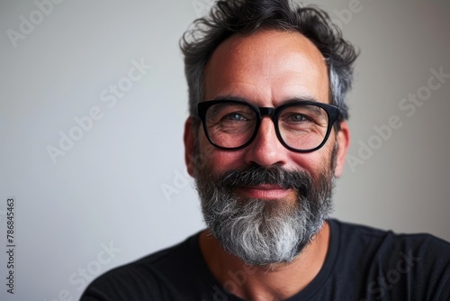 Portrait of a handsome man with long gray beard and mustache wearing glasses