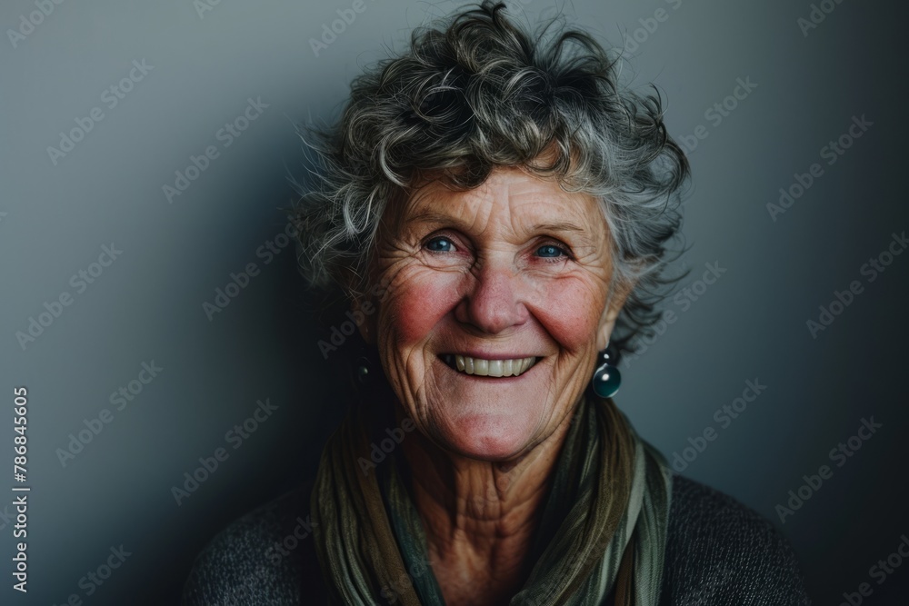 Portrait of a happy senior woman smiling at the camera. Gray background. Portrait of a happy senior woman smiling at the camera. Gray background.