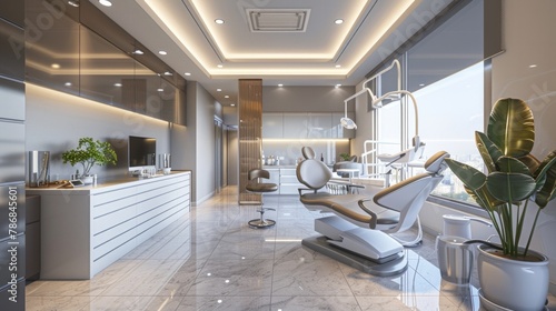A modern dental clinic visualized in 3D rendering, showcasing sleek design and the latest in dental technology, AI Generative