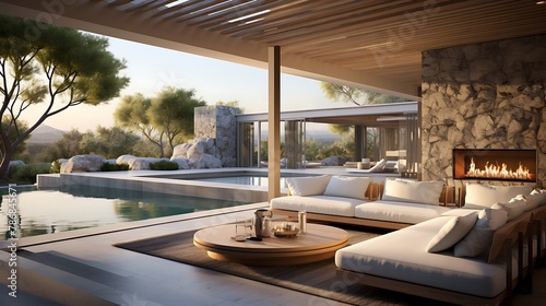 Modern patio overlooking pool 