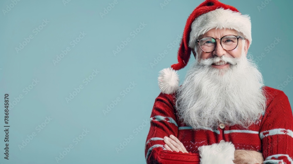 Naklejka premium Boss-like Santa Claus in glasses, red outfit, sitting confidently, pastel green New Year theme, AI Generative