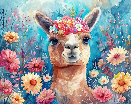 Watercolor illustration of a cute alpaca among a sea of vibrant flower blosso...