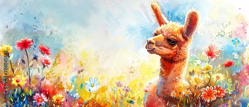 Colorful and cheerful watercolor art of a cute alpaca enjoying the fragrance of blossoming flowers, bathed in bright sunlight