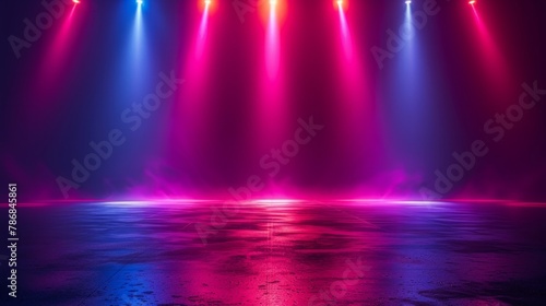 Background of an empty stage, neon lights and laser show illuminating the darkness, abstract interpretation, AI Generative