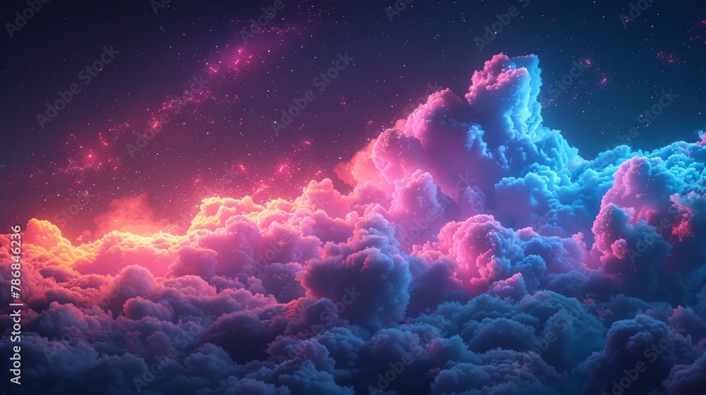 Dreamlike cloudscape illuminated by pastel neon lights, blending reality with fantasy, surrealism, landscape perspective, AI Generative