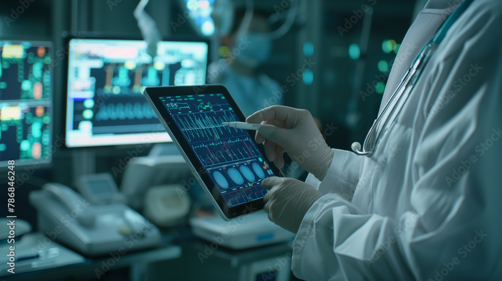 Unrecognizable Head Nurse, Doctor, Surgeon Uses Digital Tablet Computer Healthcare Vitals Monitoring Computer Machine. Modern Clinic with Advanced Equipment and Professional Working High detailed. Unrecognizable Head Nurse, Doctor, Surgeon Uses Digital Tablet Computer Healthcare Vitals Monitoring Computer Machine. Modern Clinic with Advanced Equipment and Professional Working High detailed.