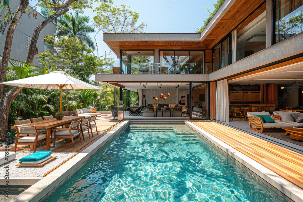 A modern house in a tropical Brazilian style with wooden accents, featuring an outdoor pool and garden area. The scene includes a dining table set under the shade of trees on one side. Created with Ai - obrazy, fototapety, plakaty 
