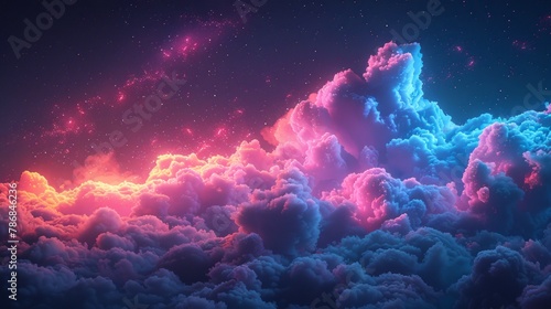 Dreamlike cloudscape illuminated by pastel neon lights, blending reality with fantasy, surrealism, landscape perspective, AI Generative