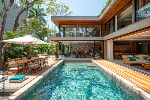 A modern house in a tropical Brazilian style with wooden accents, featuring an outdoor pool and garden area. The scene includes a dining table set under the shade of trees on one side. Created with Ai