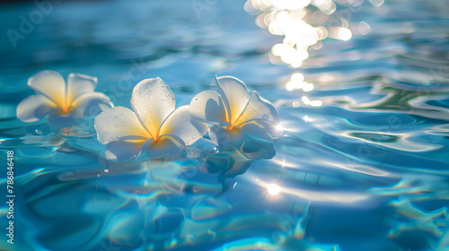 plumeria flowers in water, beautiful plumeria flowers on the surface of the water in the pool.