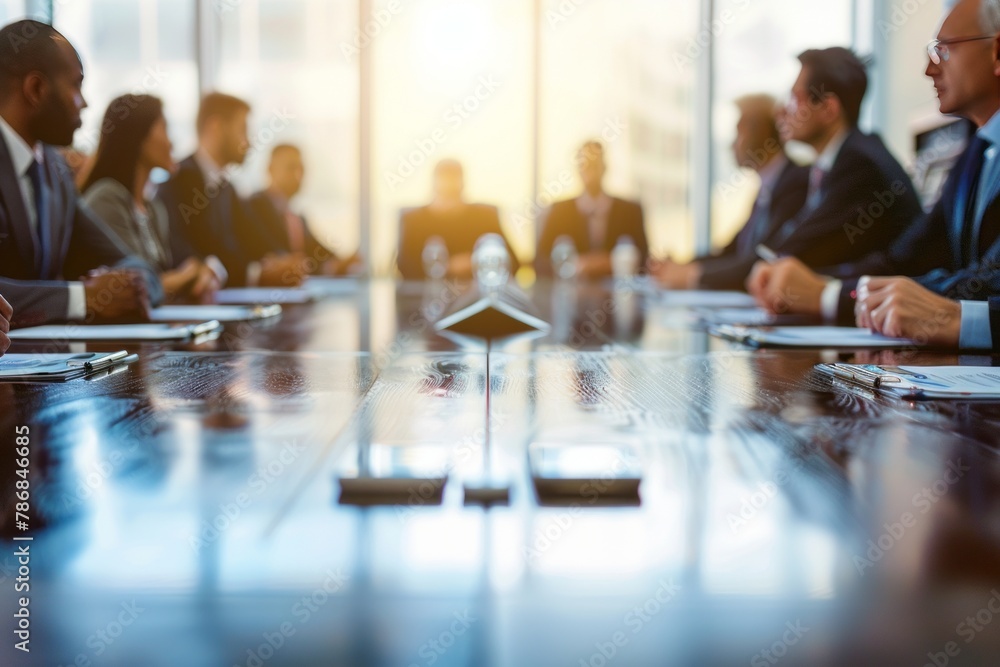 A boardroom meeting in progress, with executives discussing strategic plans over a large table A boardroom meeting in progress, with executives discussing strategic plans over a large table