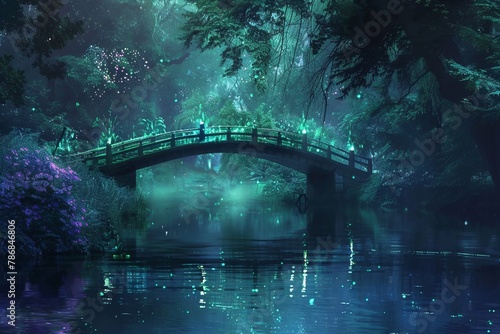 A bridge over a luminous river, where crossing it helps one let go of past traumas and fears photo