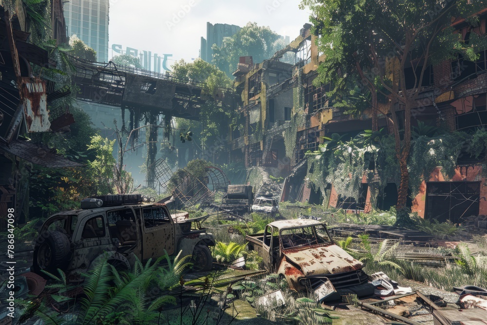 A post-apocalyptic cityscape with abstract ruins, overgrown vegetation, and abandoned vehicles, Generative AI A post-apocalyptic cityscape with abstract ruins, overgrown vegetation, and abandoned vehicles, Generative AI