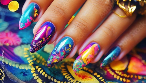 Wallpaper  vibrant colors, electric patterns, matte effect. Glamour woman hand with nail polish on her fingernails.  photo