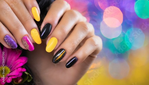 Wallpaper vibrant colors, electric patterns, matte effect. Glamour woman hand with nail polish on her fingernails. 