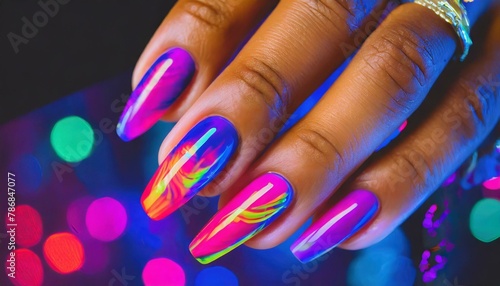 Wallpaper  vibrant colors  electric patterns  matte effect. Glamour woman hand with nail polish on her fingernails. 
