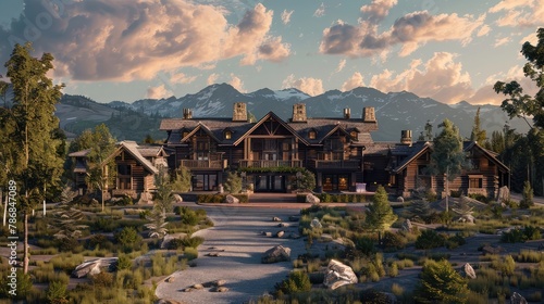 An elegant corporate retreat nestled in the mountains  offering a serene setting for team-building activities  strategic planning sessions  and executive retreats amidst breathtaking natural 