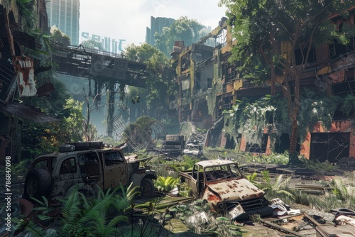 A post-apocalyptic cityscape with abstract ruins, overgrown vegetation, and abandoned vehicles, Generative AI