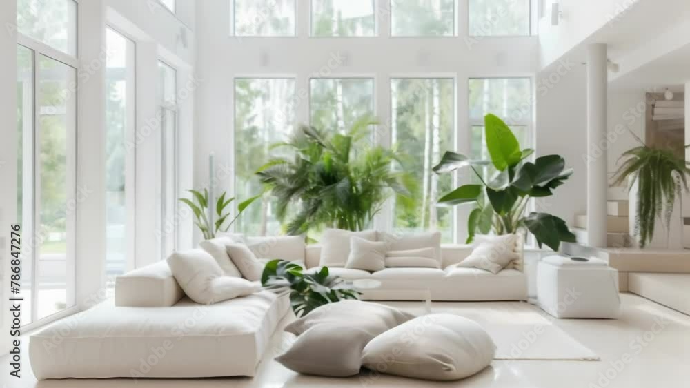 A bright, airy living room featuring an array of houseplants. Large windows let in natural light, white walls and ceiling imparting an aura of freshness. A bright, airy living room featuring an array of houseplants. Large windows let in natural light, white walls and ceiling imparting an aura of freshness.
