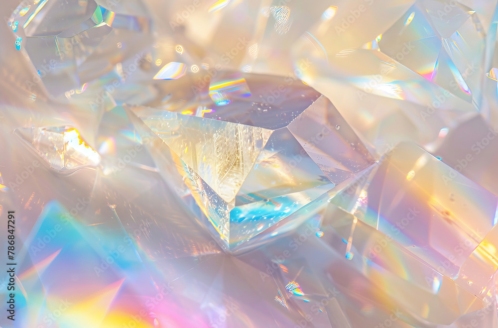 Object, prism and reflection of light in glass closeup for mineral mining of precious stone or gem. Abstract, background and diamond with natural rock refraction for bright rainbow effect or color Object, prism and reflection of light in glass closeup for mineral mining of precious stone or gem. Abstract, background and diamond with natural rock refraction for bright rainbow effect or color
