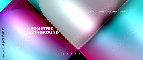The geometric background features a vibrant mix of colors like purple, violet, magenta, and electric blue. Rectangles, triangles, and a pattern create an eyecatching design for an event