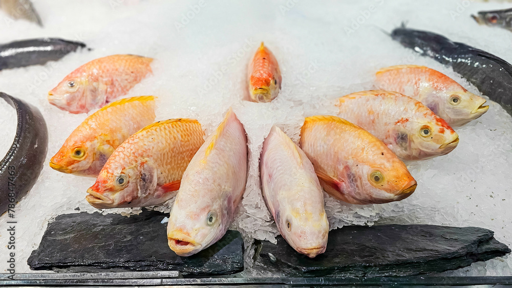 Red tilapia, Fresh Rubyfish on ice sold in supermarkets. Fish Raw on ...