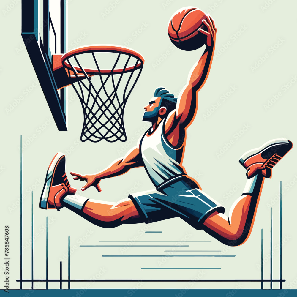 illustration of an athletic man playing basketball leaping to score a basket