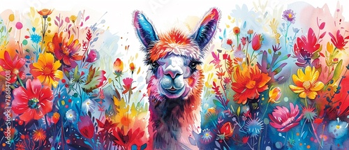 Artistic depiction of a joyful alpaca in a lush floral setting, rendered in vivid watercolor strokes and bright hues