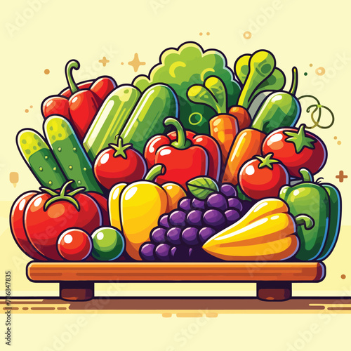 illustration of fresh vegetables arranged neatly on a wooden table