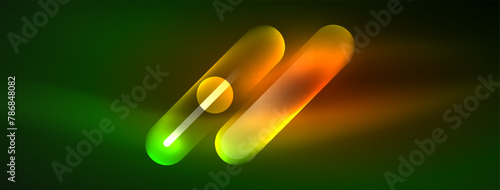 A liquidfilled capsule with a green and orange glow is floating on a dark background. Resembling a pharmaceutical drug or medicine, it emits a soft light like automotive lighting