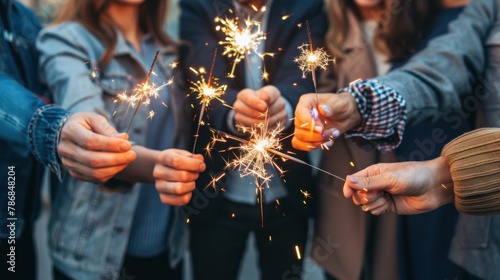 Colleagues holding sparklers and fireworks in their hands, lighting them up in celebration of their team's accomplishments. 