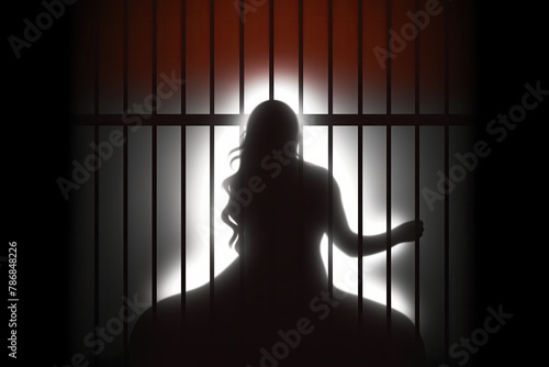 Arrest. Detention. Prison. Cell. Inmate. Culprit. Incarcerated. Silhouette of a female prisoner. Sentenced. Spectre. Convict. Suspect. Felon. Penitentiary. Phantom. Criminal. Soul. Jail. Locked