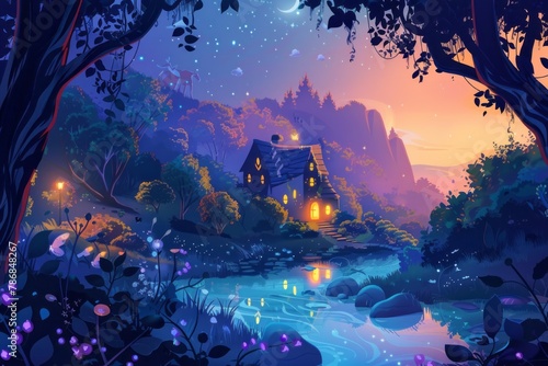 illustration of a charming fairy landscape at dusk with soft lighting
