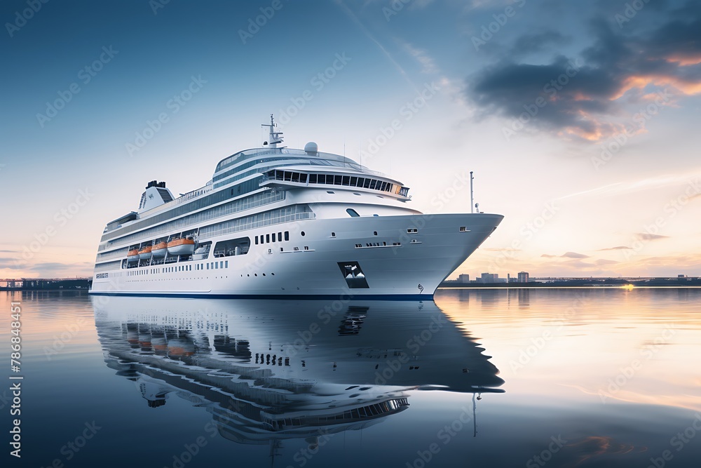 Luxury cruise ship on the water at sunset Luxury cruise ship on the water at sunset