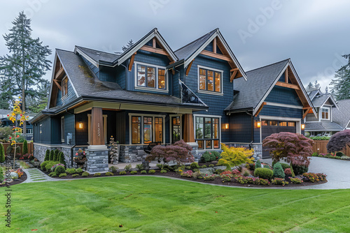 Artistic photography of the exterior front view of an elegant and perfectly symmetrical craftsman style home in British Columbia. Created with Ai photo