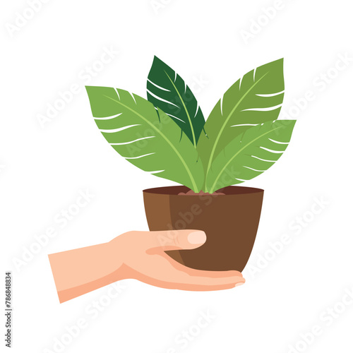 Hand bring plant vector illustration, hand hold flower pot, flat icon design isolated on white background