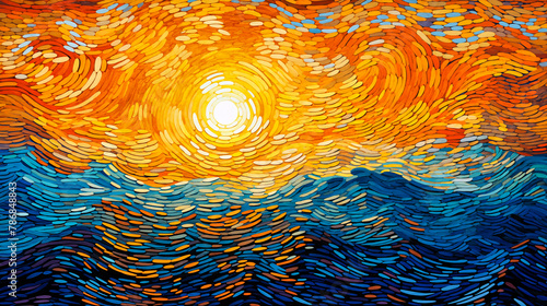 Abstract Sunset Over Sea - Pointillism Style Art with Vivid Orange and Blue Hues