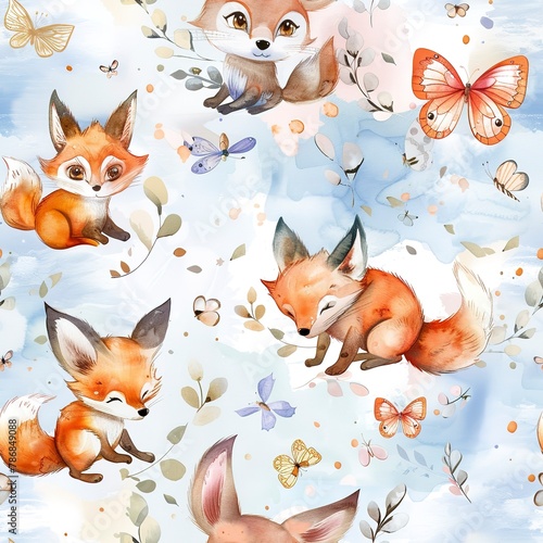 Baby foxes and butterflies, whimsical watercolor, seamless pattern, pastel skies, fluttering wings, gentle play. Seamless Pattern, Fabric Pattern, Tumbler Wrap, Mug Wrap.