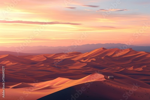 The sun dips below the horizon, casting a warm golden glow over the smooth, windswept sand dunes of a vast and majestic desert landscape. The sun sets over a vast desert. Resplendent.