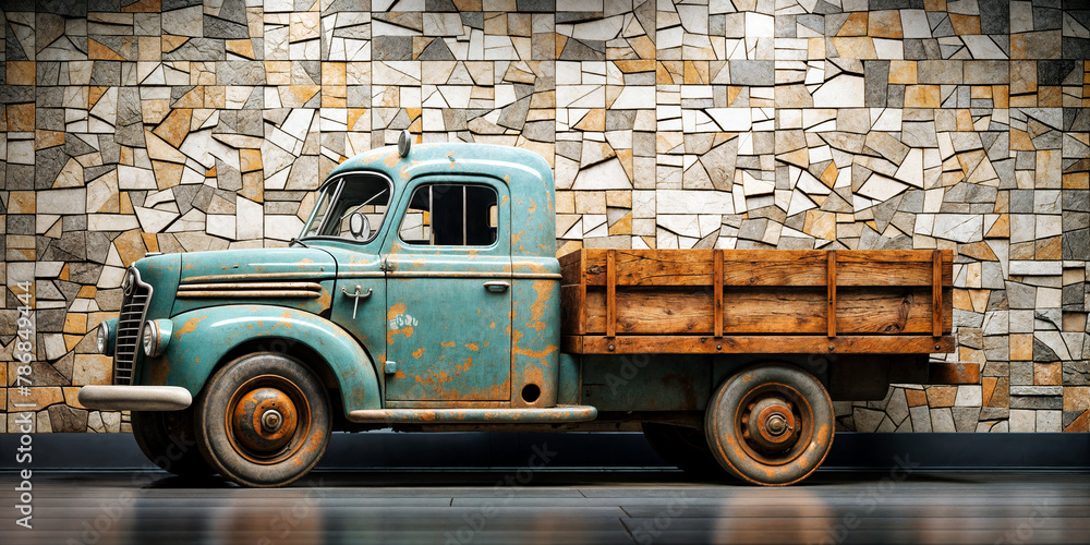 Vintage Teal Blue Pickup Truck Against a Fragmented Marble Wall - Americana Retro Style